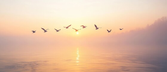 Seagulls Flying in Formation Over a Calm Lake at Sunset