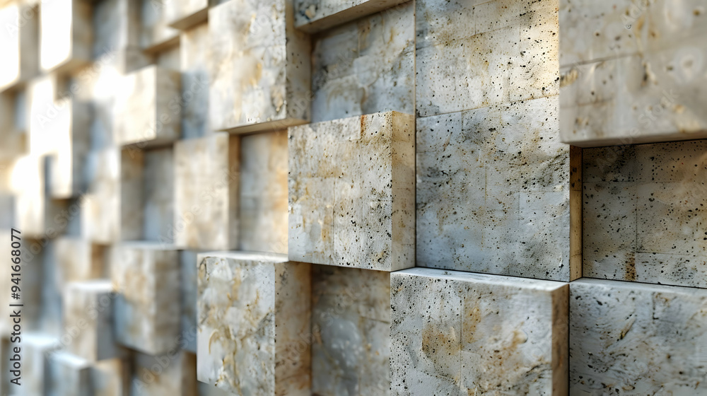 Poster a close-up shot of a textured stone wall made of multiple cube-shaped blocks stacked in a pattern.