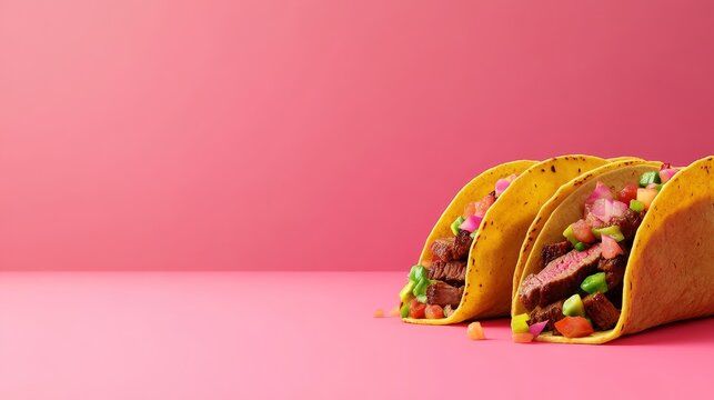 Juicy steak tacos, topped with fresh salsa and avocado, vibrant colors, soft tortillas, 3D illustration