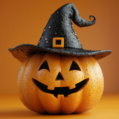 Halloween decorated pumpkin as spooky face placed on orange background in studio 
