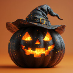 Halloween decorated pumpkin as spooky face placed on orange background in studio 