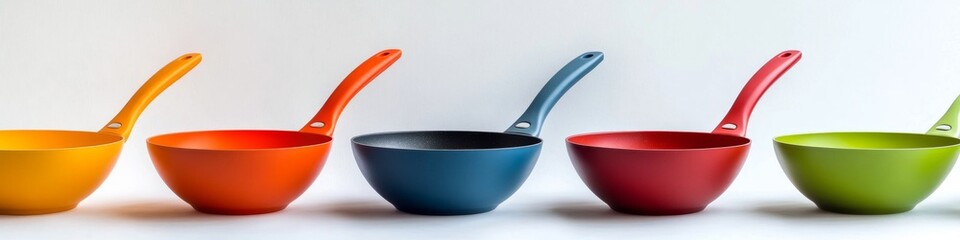 Colorful Array of Long-Handle Frying Pans: Essential Cookware for Modern Kitchens. Vibrant Culinary Tools Isolated on White Background. Perfect for Cooking Enthusiasts, Kitchen Decor, and Culinary Mar