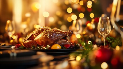 Luxurious roasted duck, golden skin and orange glaze, rich table setting, 3D illustration