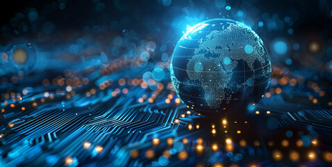 Obraz premium Futuristic blue planet earth on computer mainboard digital technology, Future digital world social network internet communication concept. Virtual reality metaverse AI security automation.