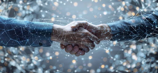 Business finance investment with AI technology, Businessmen  handshake with partner, greeting, dealing, merger and acquisition, business cooperation concept, joint venture success mission 