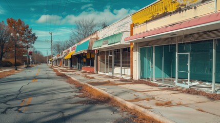Main street with abandoned stores image. Small business crisis in town photography scene wallpaper. Impact of economy recession on entrepreneurship concept photorealistic photo