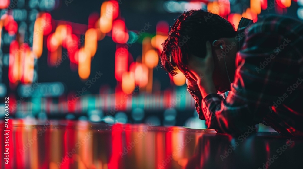 Aufkleber broken man at table against diagrams image. stock market trader bankrupt with desperation photograph