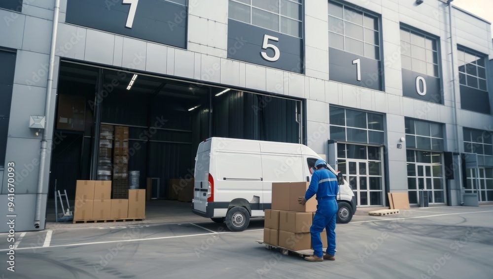 Poster warehouse worker in blue uniform unloading cardboard boxes from a white delivery van at an industria