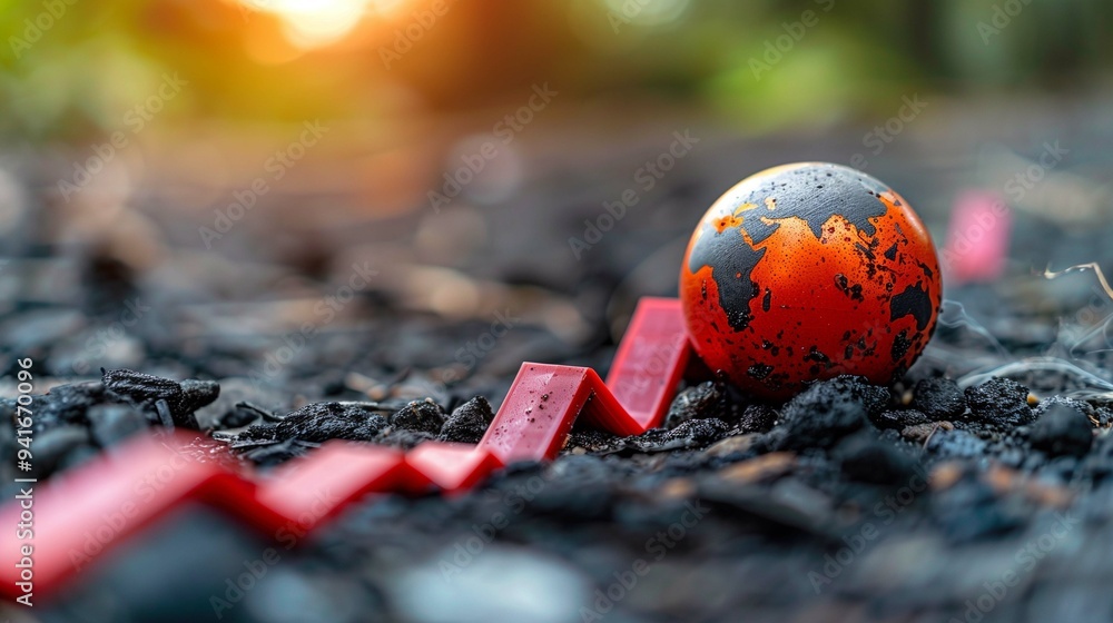 Poster toy earth globe and plastic business chart on soil 3d rendering image. international business data a