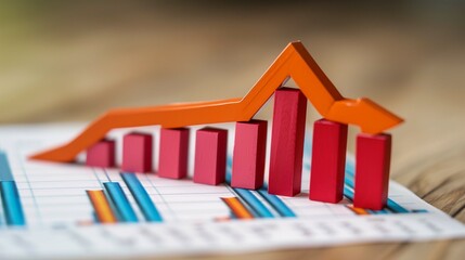 Financial recission chart on papers 3d rendering image. Trade market failure prediction with data analysis background wallpaper colorful realistic. Commercial decrease concept idea