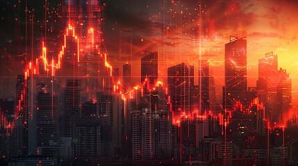 Fototapeta premium Falling down charts against downtown silhouette background image. Economy decrease 3d illustration wallpaper picture backdrop. Depression concept for business presentation corporate