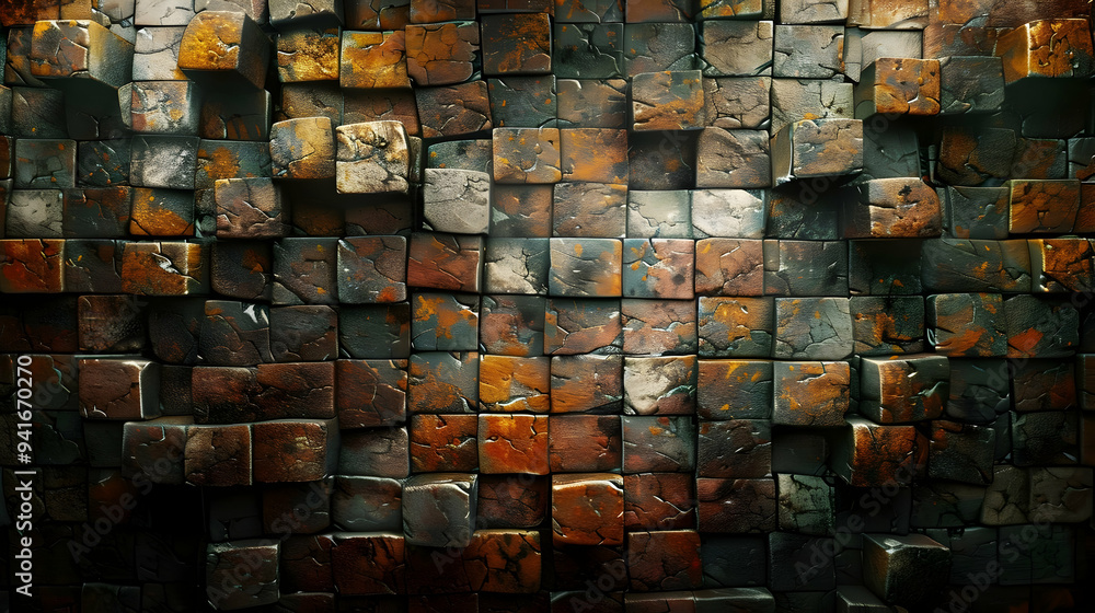 Poster abstract background of rough textured cubes with a dark and rusty color palette.