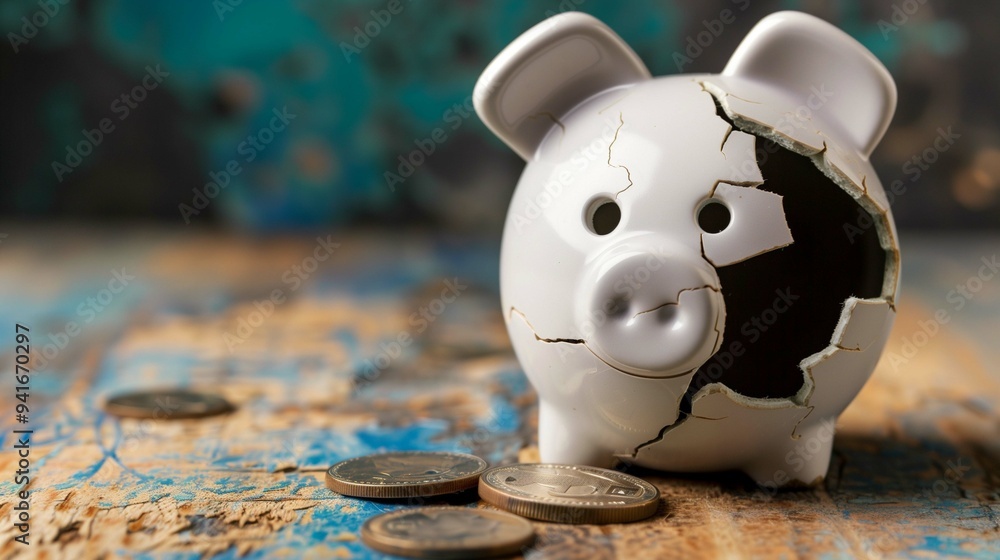 Poster broken piggy bank and coins on rustic table banner background copy space. financial system recession