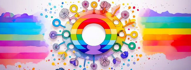 Obraz premium Abstract circular design featuring a rainbow gradient, surrounded by flowers and colorful paint splashes, evoking creativity and diversity