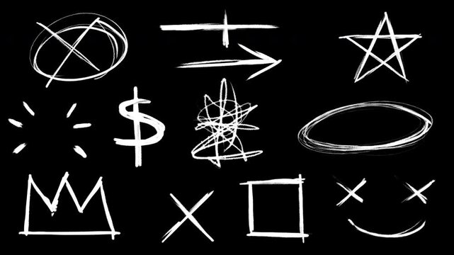 Hand Draw Scribble Animation Pack. Set of 12 White Doodle loop animations with Alpha channel. 4K resolution.