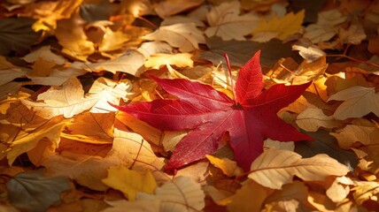 Detailed close-up of a red maple leaf resting on a bed of fall leaves, sunlight casting a soft glow on its veins and creating a serene and tranquil autumn atmosphere