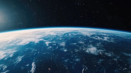 A high-altitude view from 20km above ground, revealing the Earth's curve and the thin blue line of the atmosphere against the dark void of space