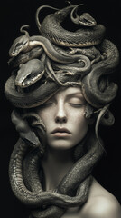 Serene woman with closed eyes surrounded by multiple snakes on her head