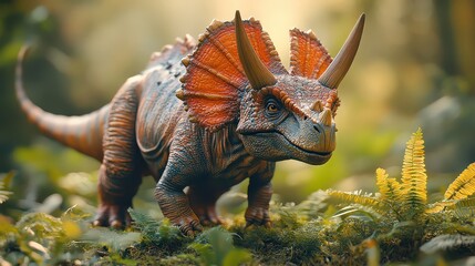  Realistic triceratops toy in a lush forest setting.