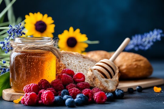 A rustic kitchen scene with a jar of honey, fresh fruit, and a loaf of bread, evoking a sense of comfort and simplicity