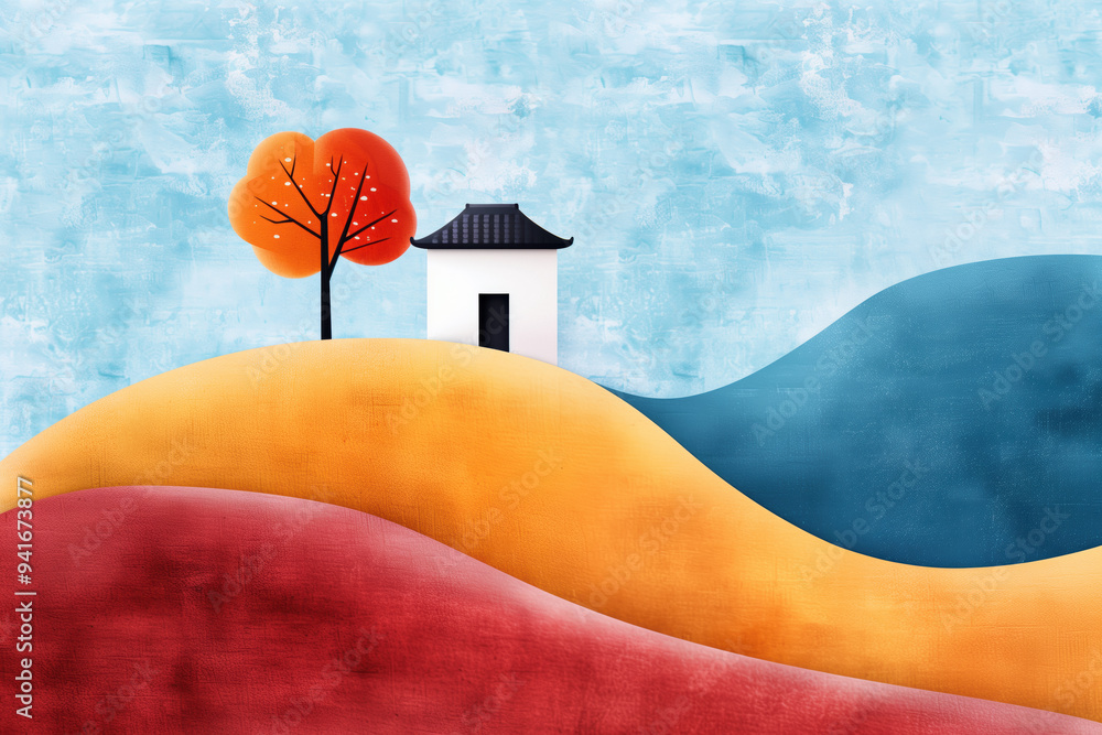 Canvas Prints Minimalist landscape illustration featuring a small house, a vibrant orange tree, and rolling hills in shades of red, yellow, and blue. The scene evokes tranquility and simplicity.