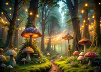 Fototapeta premium Enchanted Grove: Fairy Lights, Glowing Mushrooms, Whispering Trees, Verdant Hues, Magical