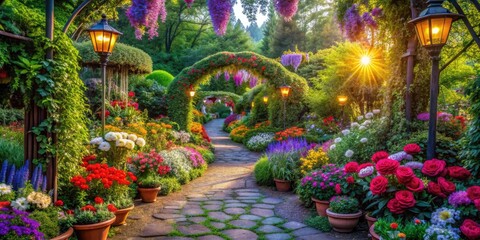 Enchanted Garden - Lush, flowers, paths, whimsy, vibrant