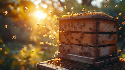 Swarms of bees at the hive entrance flying around in the summer air on the field