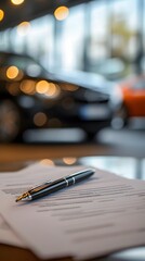 A close-up of an automotive contract lying on top of a table, with cars in the blurred background and people working around it