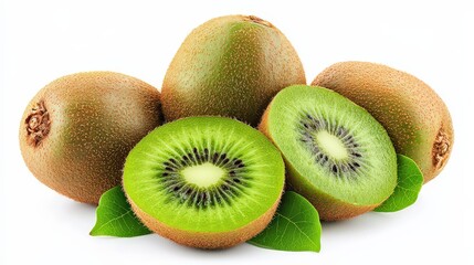 Fototapeta premium Fresh whole and sliced kiwis with green leaves on a white background.