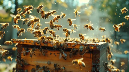 Motion of bees flying in and out bee hive on flowers meadow
