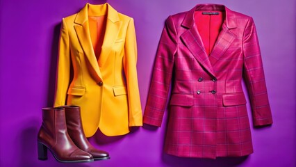 Yellow and Plaid Blazers with Brown Boots on Purple Background