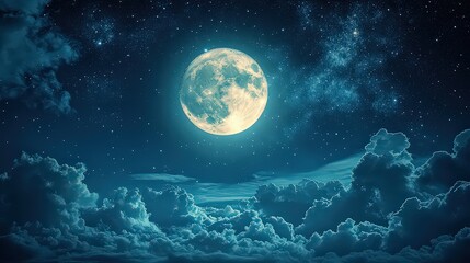  Full moon glowing amidst clouds in a starry night sky.
