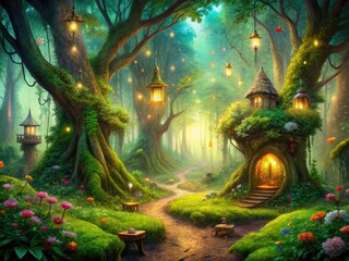 Fototapeta premium Enchanting Forest: Lush greenery, mystical creatures, whimsical ambiance conjuring a realm of magic and enchantment.