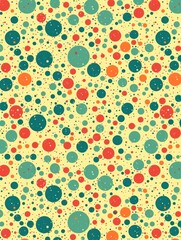 A repeating pattern of various sized circles in red, orange, teal, and blue on a yellow background