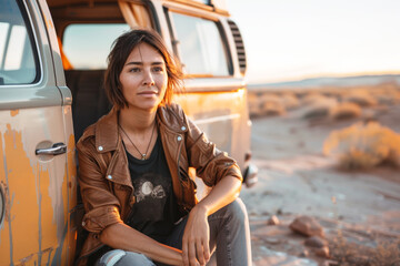 Woman sitting near van watching the sunrise. Local travel. Solitude and road trip contemplation