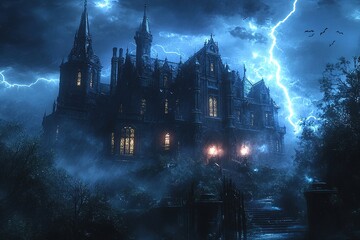 Obraz premium Scary Gothic castle on Halloween night, haunted palace or mansion for dark blue background. Spooky view of old mystery castle and bats in full moon. Horror scene with big gloomy house, fantasy place