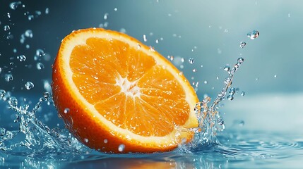 Dynamic shot of a fresh orange slice splashing into water, creating vibrant droplets against a soft blue background.