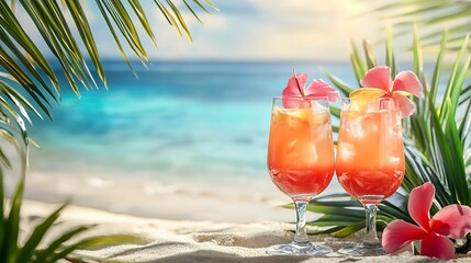 Two tropical cocktails garnished with flowers on a sandy beach with palm leaves, overlooking the ocean at sunset.