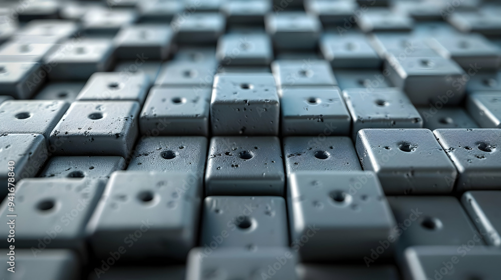 Poster closeup of a grid of gray blocks with holes, creating a futuristic and abstract background.