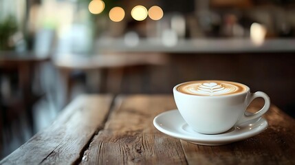 Fototapeta premium A cup of latte with intricate art on a rustic wooden table in a cozy café setting, with soft lighting and a blurred background creating a warm ambiance.