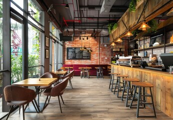 Naklejka premium Modern Cafe Interior Design with Rustic Wood and Brick Elements