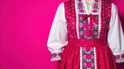 Close-up of a Woman Wearing a Traditional Pink and White Dress with Floral Embroidery