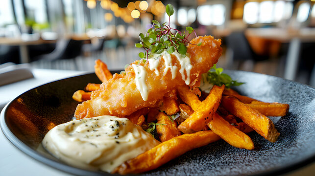 Gourmet Fusion Style A modern twist on fish and chips with tempura-battered fish and sweet potato fries, elegantly plated with a drizzle of aioli and garnished with microgreens