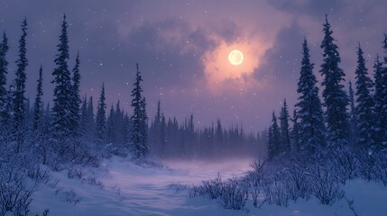 Obraz premium A tranquil winter night scene featuring a full moon illuminating a snow-covered forest, with gentle snowfall under a purple sky.