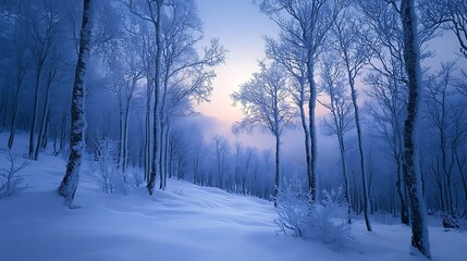Fototapeta premium Serene winter landscape featuring a tranquil sunrise over a snow-covered forest, with trees blanketed in frost and soft morning light.