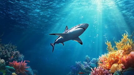Obraz premium A solitary shark gracefully glides through crystal-clear blue water, its sleek silhouette contrasting with the colorful coral reef below. Sunlight streams through the surface, illuminating the scene w