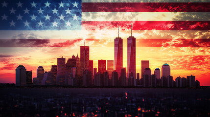 Memorial Day Flier with American Flag and Twin Towers Honoring the Freedom and Courage of 9/11