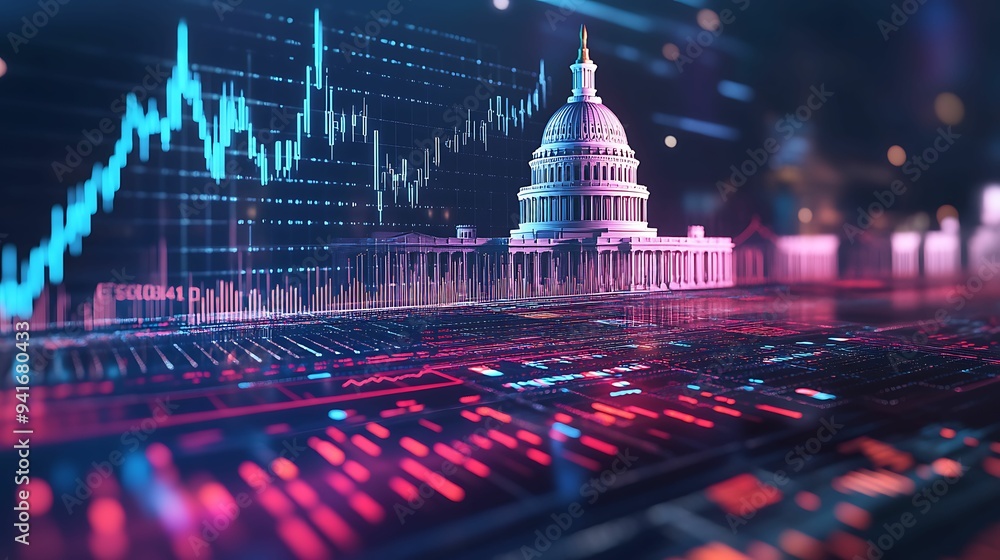 Canvas Prints a futuristic visualization of financial data charts overlaid on a government building, symbolizing t