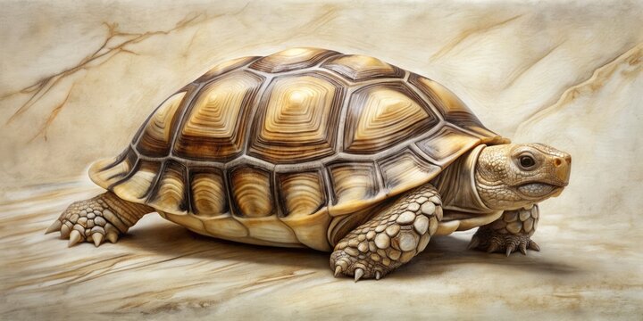 Etched Tortoise on Alabaster: Delicate etching of a sulcata tortoise on a smooth alabaster surface, showcasing its intricate shell patterns and fragility.